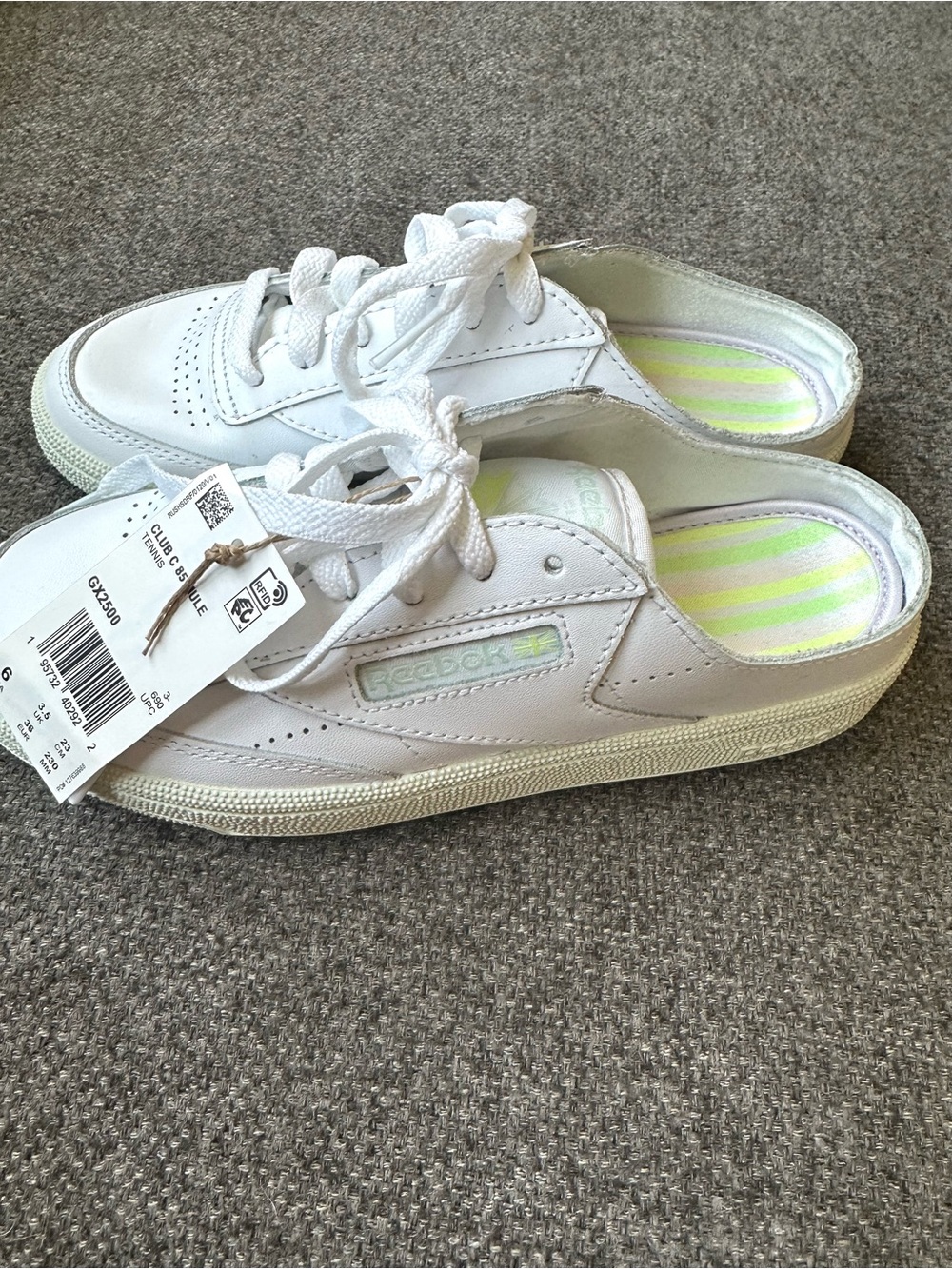 Reebok C 85 Mule White Slip-On Lace-Back Sneaker with Neon Striped Insole